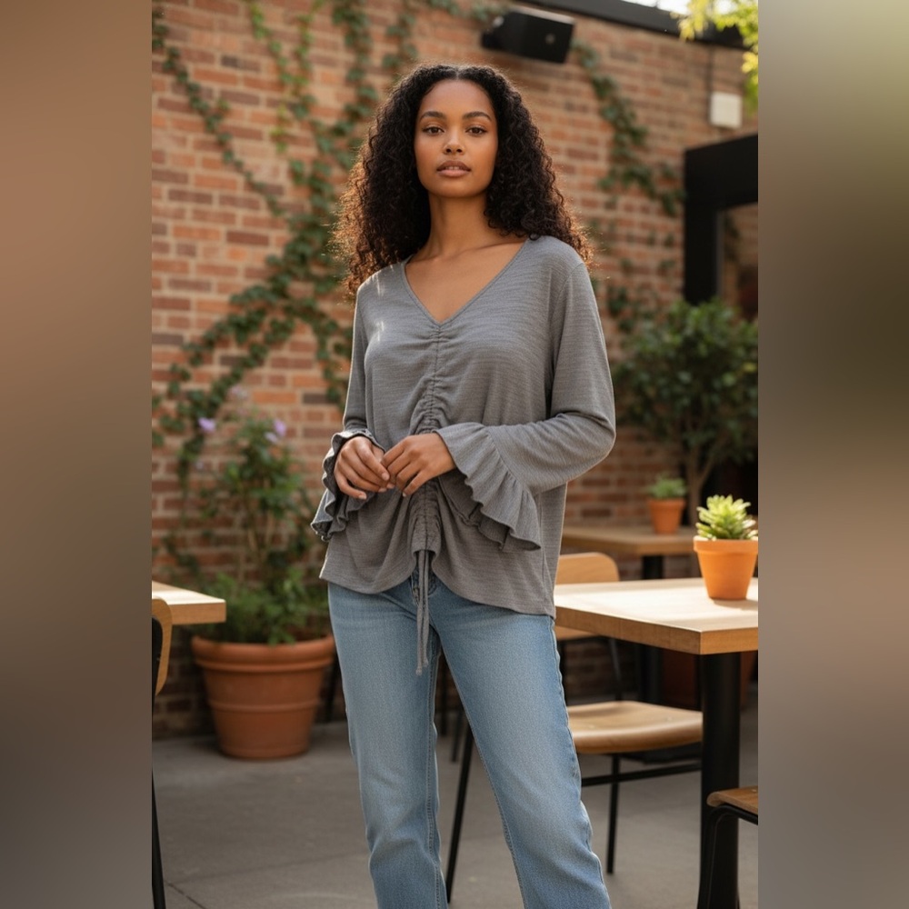 Earthbound Boho Festival Oversized Sleeves Grey Cinch Front Top